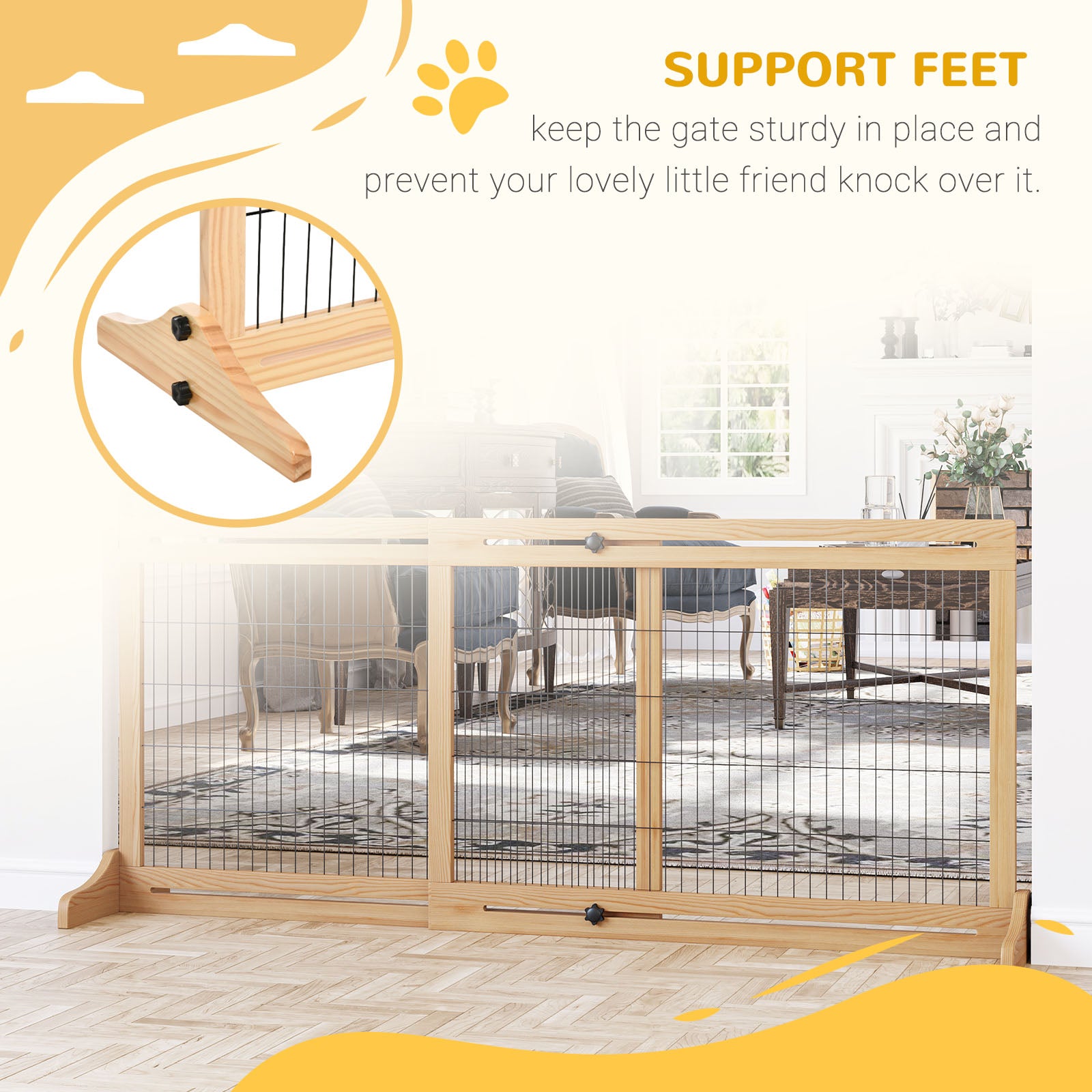 PawHut Freestanding Dog Gate, Foldable Pet Fence, Indoor Wood Barrier, Stair Gate with Support Feet, for Doorway, Hallway, Small and Medium Dogs, 69H x 104-180 cm, Natural Wood Finish
