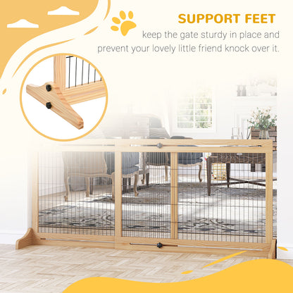 PawHut Freestanding Dog Gate, Foldable Pet Fence, Indoor Wood Barrier, Stair Gate with Support Feet, for Doorway, Hallway, Small and Medium Dogs, 69H x 104-180 cm, Natural Wood Finish