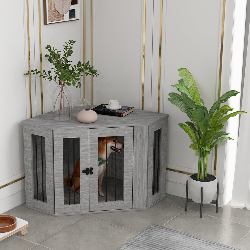 PawHut 2 in 1 Dog Crate Furniture Side Table with Cushion for Medium Dogs, 104 x 55 x 63cm - Grey