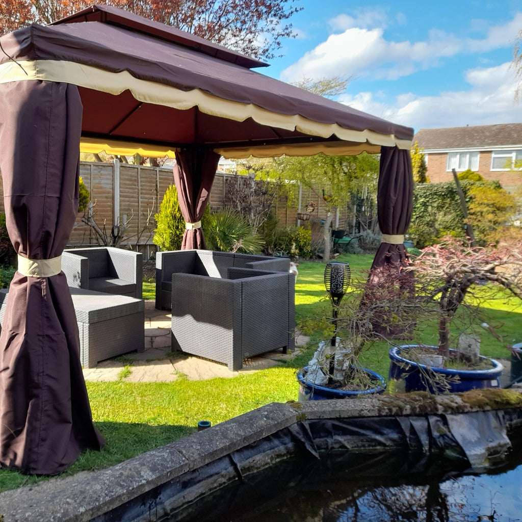 Outsunny 3 x 4m Aluminium Garden Gazebo, Marquee Canopy Shelter Pavilion Party Tent with Nets and Curtains for Garden and Deck, Coffee