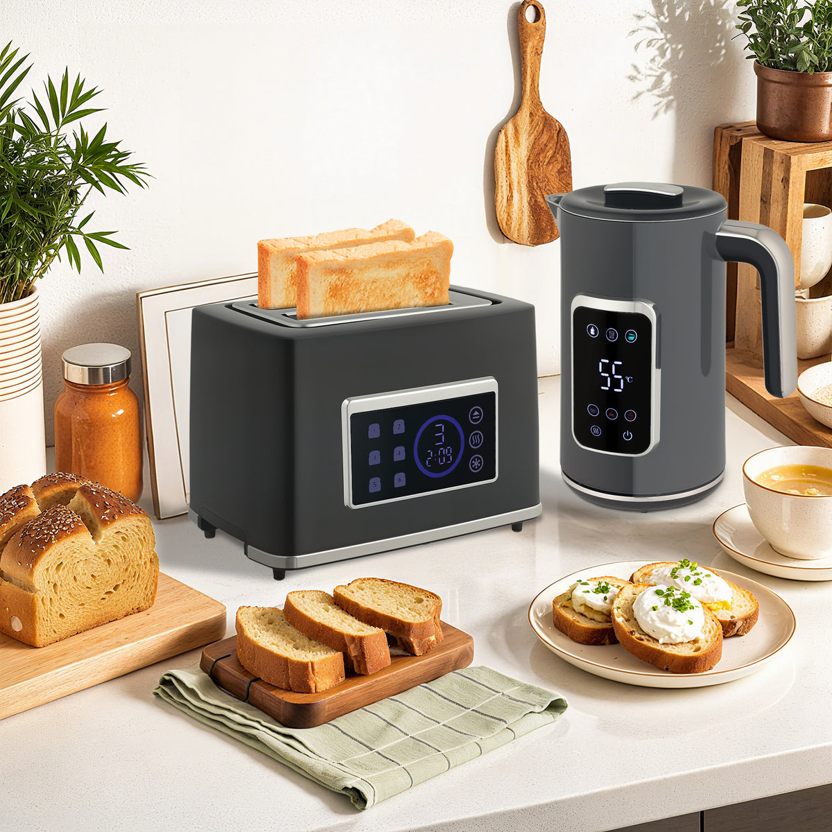 Touch Screen Kettle and Toaster Set - Grey