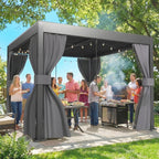 Outsunny 3 x 3 m Louvered Pergola with Adjustable Metal Louvred Roof, Aluminium Patio Gazebo with Netting and Curtains, Dark Grey