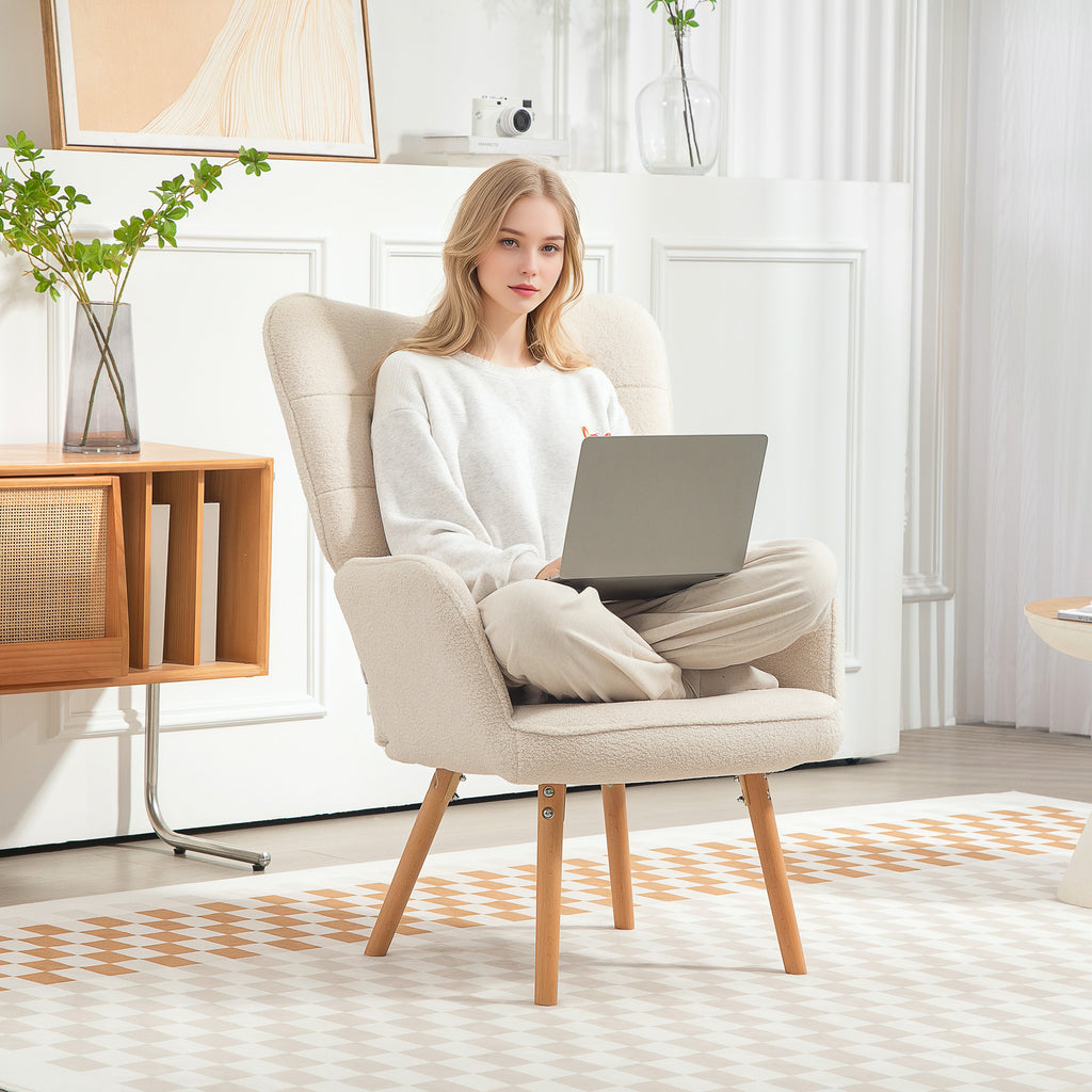 HOMCOM Modern Accent Chair, Upholstered High Back Armchair with Tufted Wingback, Seat Padding, Teddy Fleece Leisure Lounge Bedroom Chair with Wood Legs, Cream White