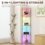RGB LED Floor Lamp with Shelves, 5-Tier Dimmable Standing Lamp with Adjustable Brightness and Remote Control, Modern Corner Display Shelf Unit for Living Room Bedroom Office, Grey