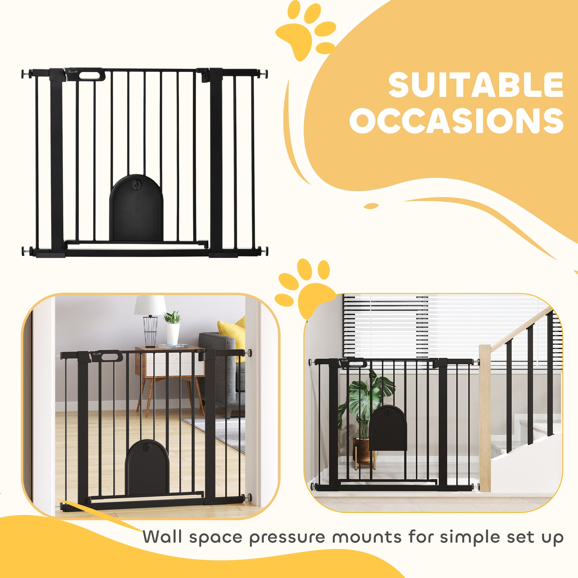 PawHut Dog Gate with Cat Flap Pet Safety Gate Barrier, Stair Pressure Fit, Auto Close, Double Locking, for Doorways, Hallways, 75-103 cm Black