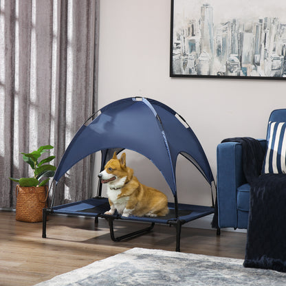 PawHut Outdoor Dog Bed with Removable Canopy, Portable Raised Dog Bed for Camping, Garden & Beach, Water-Resistant UV-Protection Mesh Pet Cot Sun Lounger, for Large Pets, 92 x 76 x 90 cm, Dark Blue