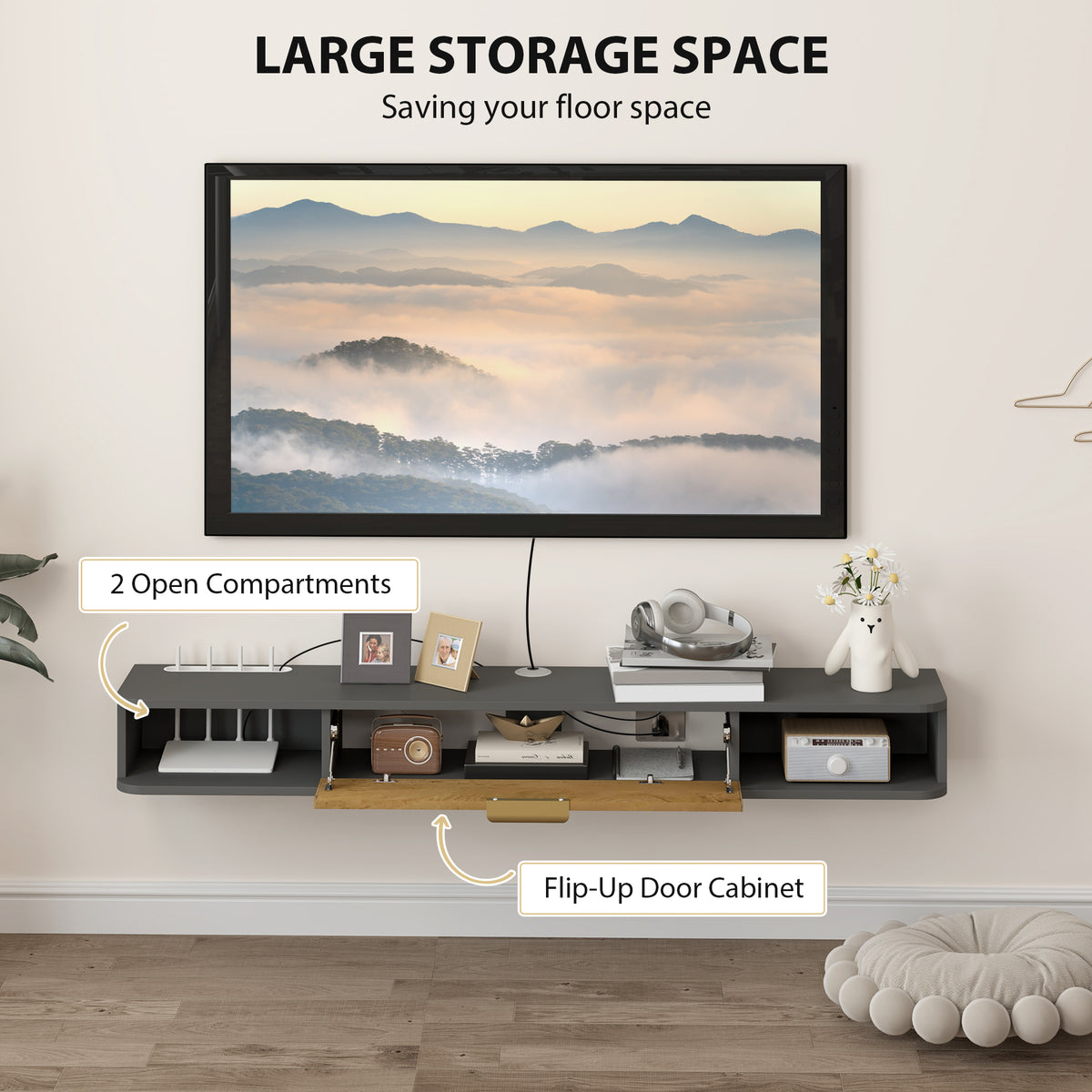 140 cm Floating TV Stand with Storage - Charcoal Grey