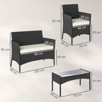 Outsunny 4 Piece Rattan Garden Furniture Sofa Set with Loveseat, Armchairs, Glass-Top Coffee Table and Cushions, Cream White