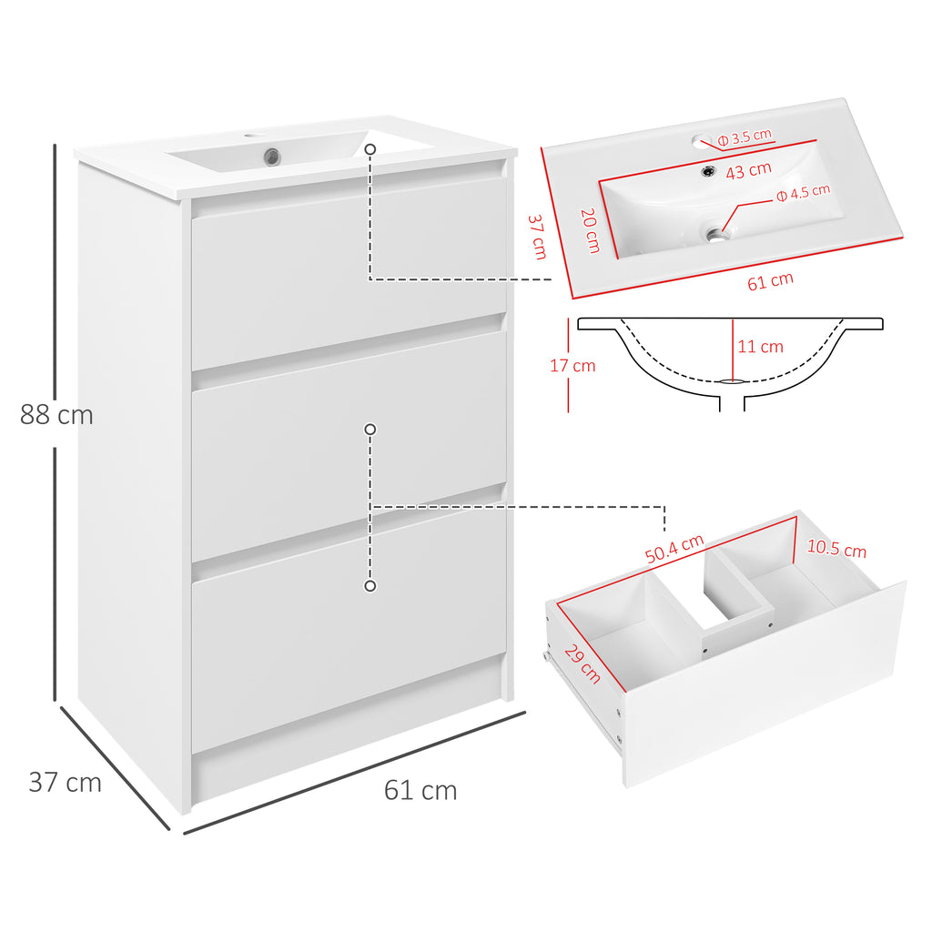 kleankin 600mm Bathroom Vanity Unit with Basin and Single Tap Hole, High Gloss White Floor Standing Bathroom Sink Unit with 2 Drawers for Cloakroom