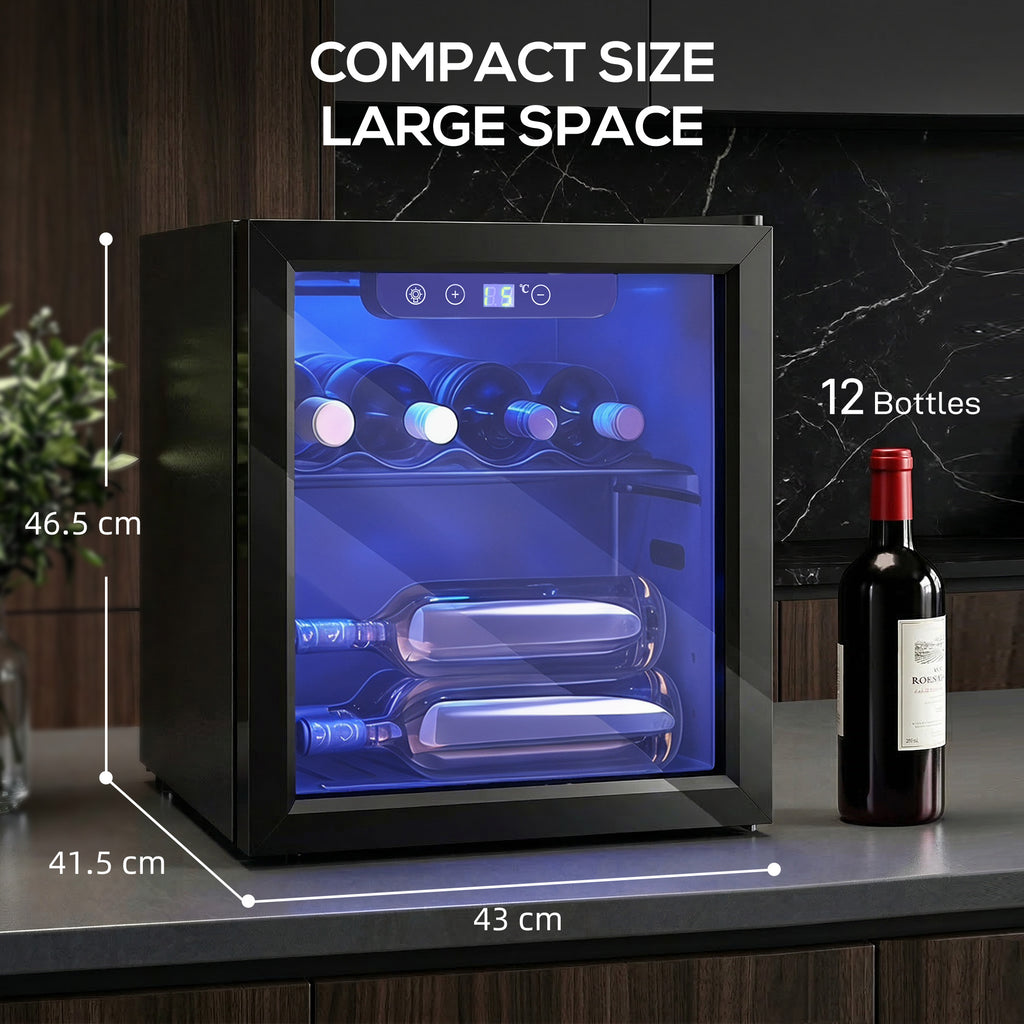 12 Bottle Wine Cooler, 36 Litre Capacity, 4-16°C Tabletop Drinks Wine Fridge with Glass Door, LED Light, Black
