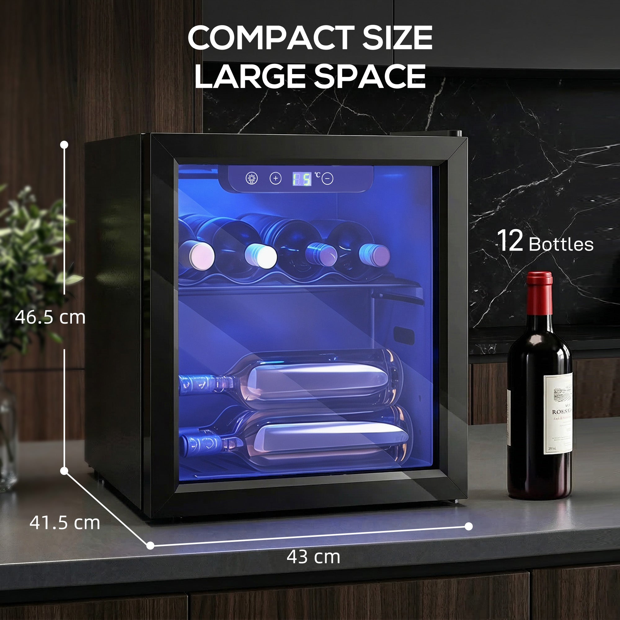 12 Bottle Wine Cooler, 36 Litre Capacity, 4-16°C Tabletop Drinks Wine Fridge with Glass Door, LED Light, Black
