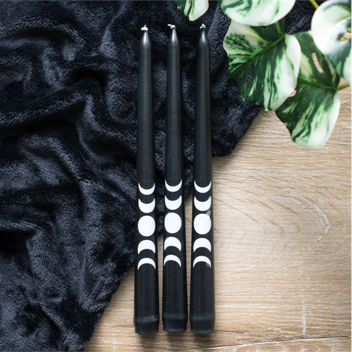 Set of 3 Black Magic Moon Phase Taper Candles