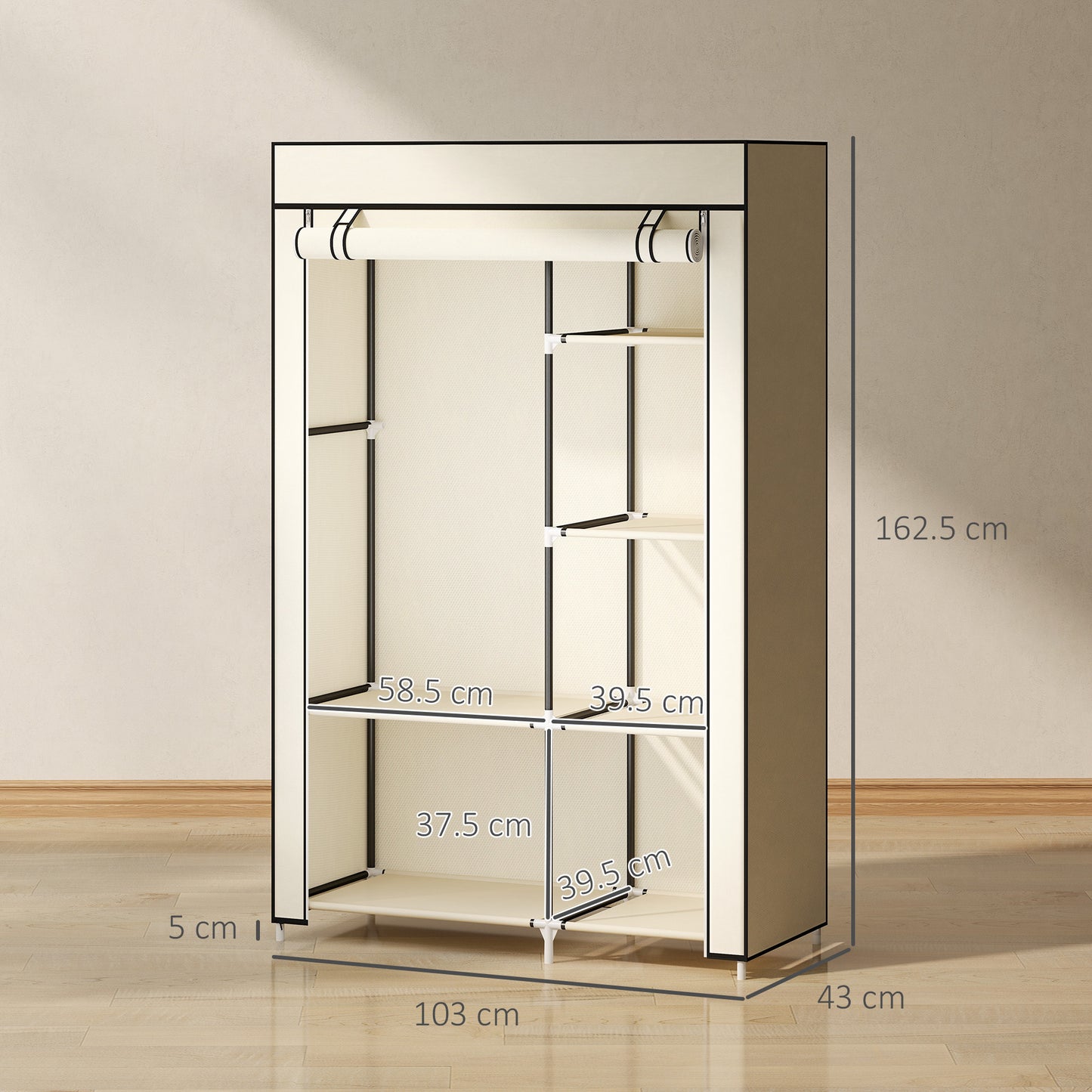 Fabric Wardrobe w/ Shelves Hanging Rail Foldable Wardrobe Cream