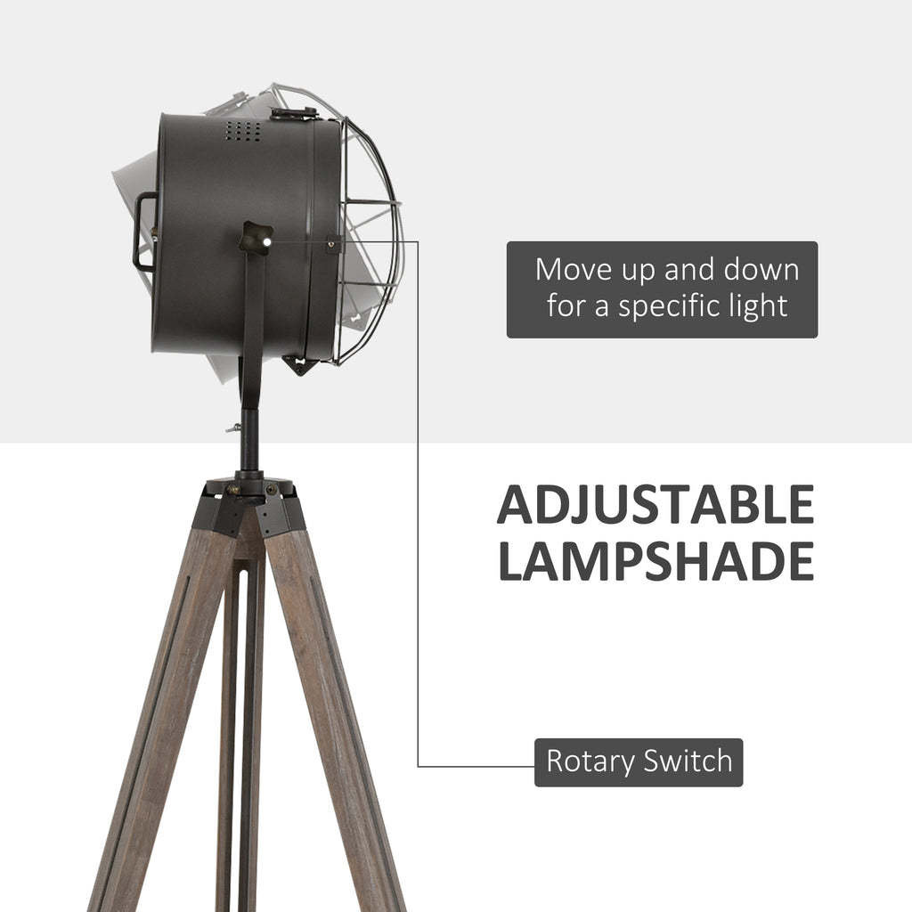 Floor Lamp with Adjustable Tripod for Living Room Bedroom, Vintage Spotlight Reading Lamp with Wood Legs, 115-155cm, Grey