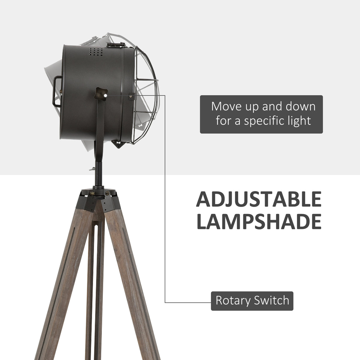Floor Lamp with Adjustable Tripod for Living Room Bedroom, Vintage Spotlight Reading Lamp with Wood Legs, 115-155cm, Grey