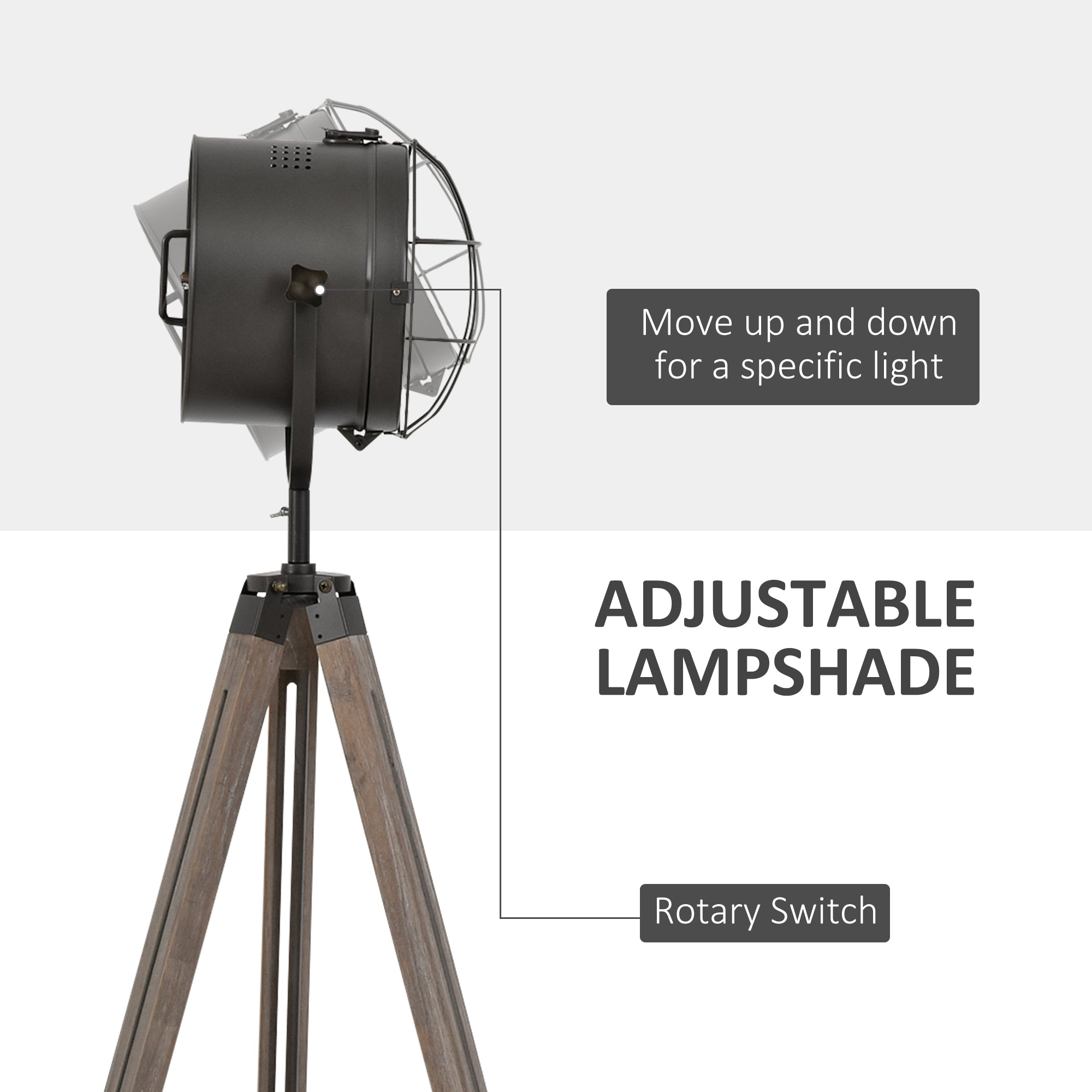 Floor Lamp with Adjustable Tripod for Living Room Bedroom, Vintage Spotlight Reading Lamp with Wood Legs, 115-155cm, Grey