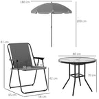 Outsunny 4 Seater Garden Furniture Set, 6 Pieces Garden Table and Chairs with Parasol, Outdoor Garden Dining Set with Folding Chairs and Round Glass Top Table for Patio, Grey