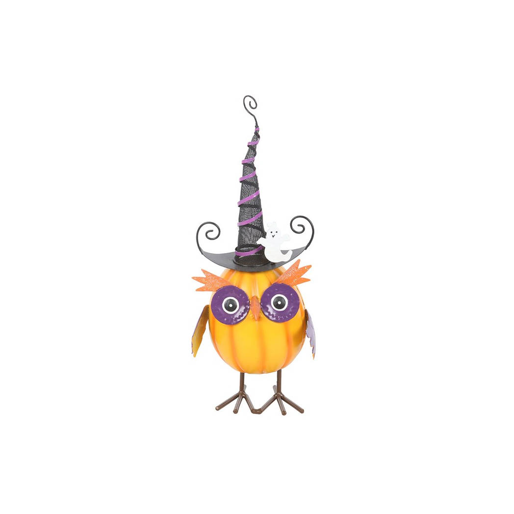 Orange Metal Owl Ornament with Witch Hat and Ghost