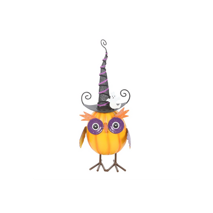 Orange Metal Owl Ornament with Witch Hat and Ghost