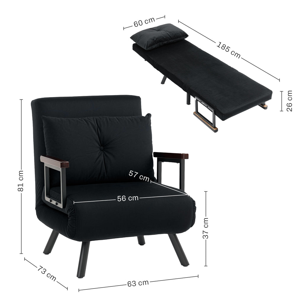 HOMCOM 4-in-1 Velvet-Feel Single Chair Bed, with Pillow - Black