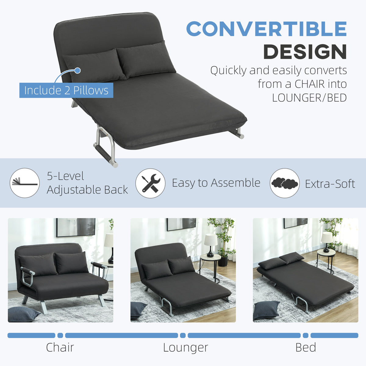 Two-Seater Click-Clack Sofa Bed - Charcoal Grey