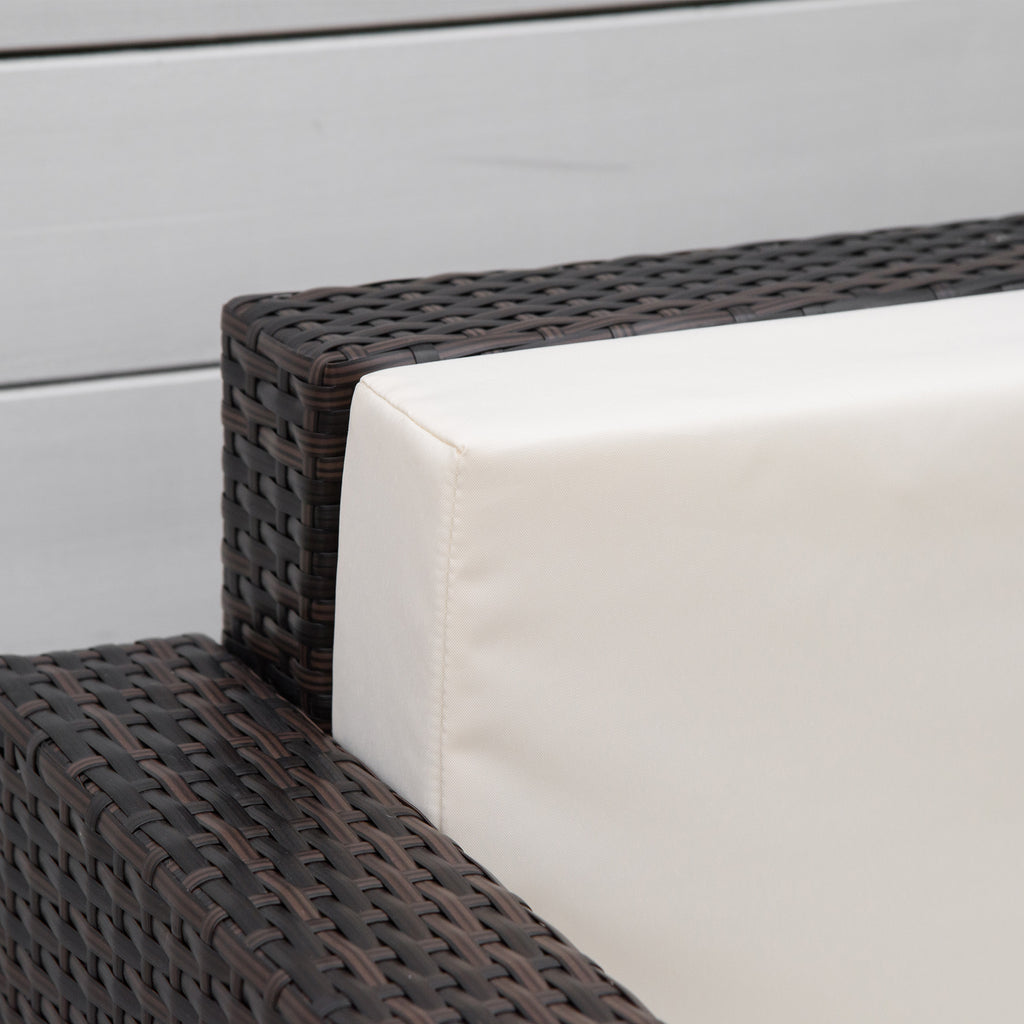 Outsunny Single Seater Rattan Chair, PE Wicker Garden Armchair with 10 cm Thickened Cushion, All-Weather Rattan Garden Chair with Armrests, Brown