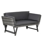 Outsunny 2 Seater Rattan Sofa with Cushions, 2-in-1 PE Rattan Daybed Sofa with Left Up or Down Armrests, Garden Chaise Lounger Loveseat for Outdoor, Patio, Mixed Grey