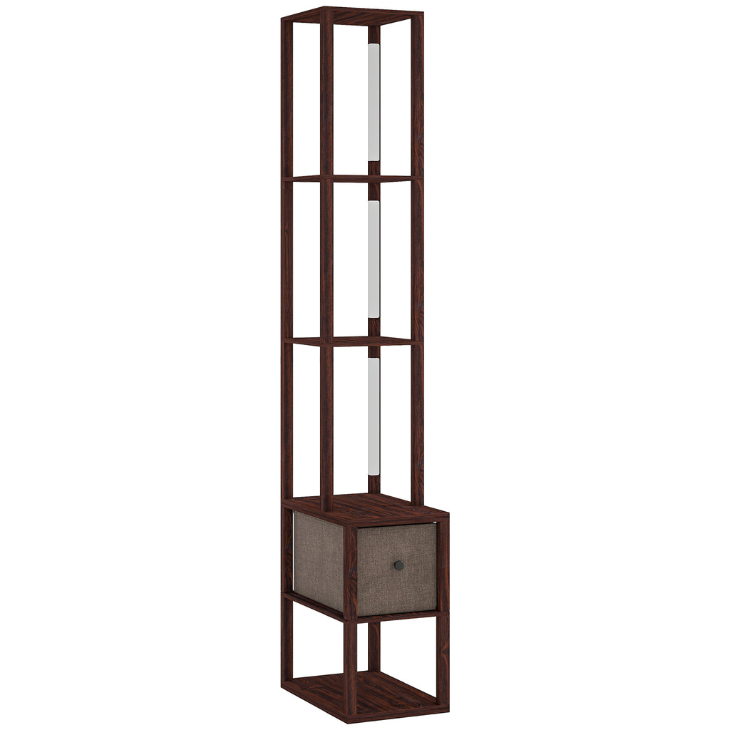 Floor Lamp with Shelves, LED Column Modern Standing Lamp with Fabric Drawer, Adjustable Brightness, Foot Switch for Living Room, Bedroom, Office, Dark Brown