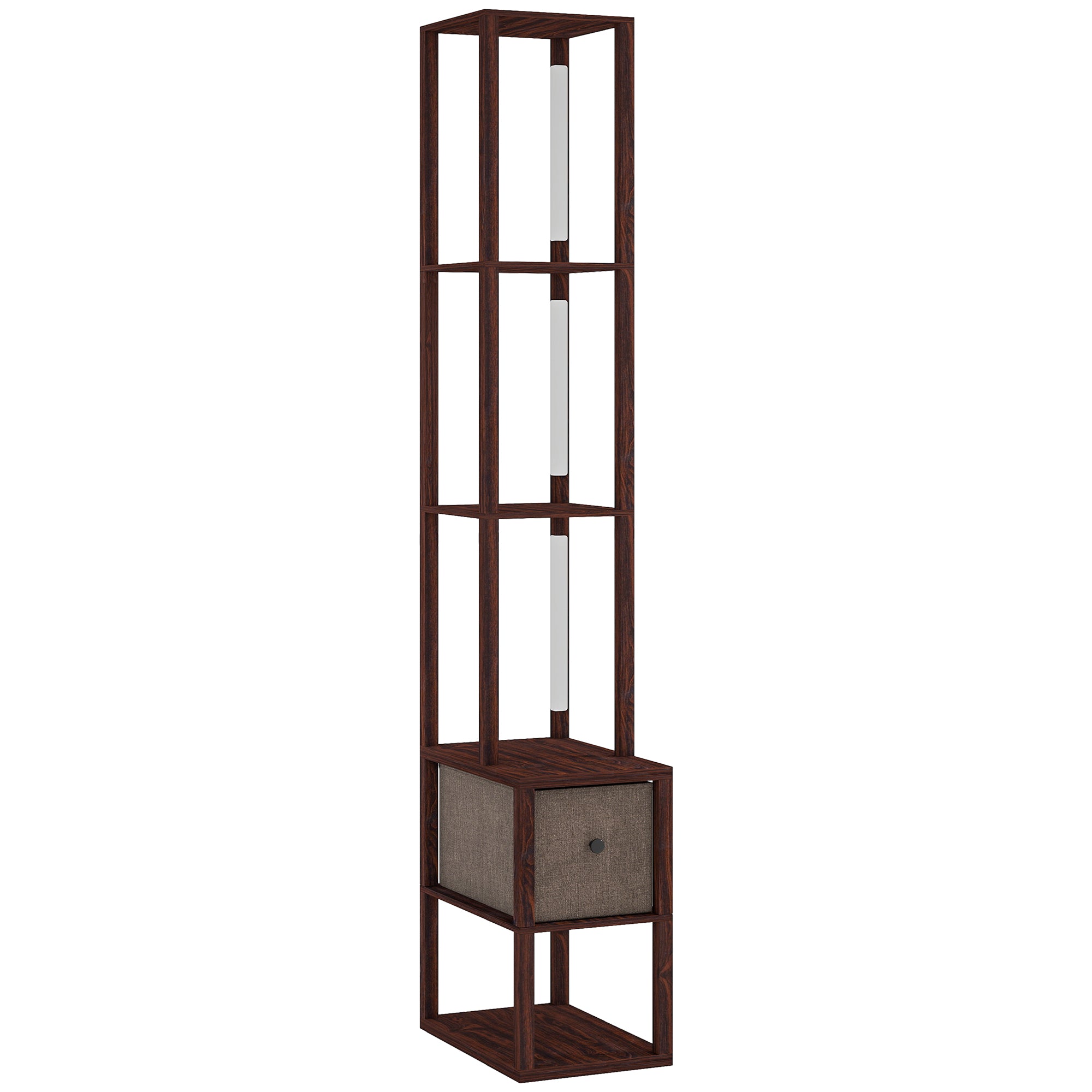 Floor Lamp with Shelves, LED Column Modern Standing Lamp with Fabric Drawer, Adjustable Brightness, Foot Switch for Living Room, Bedroom, Office, Dark Brown