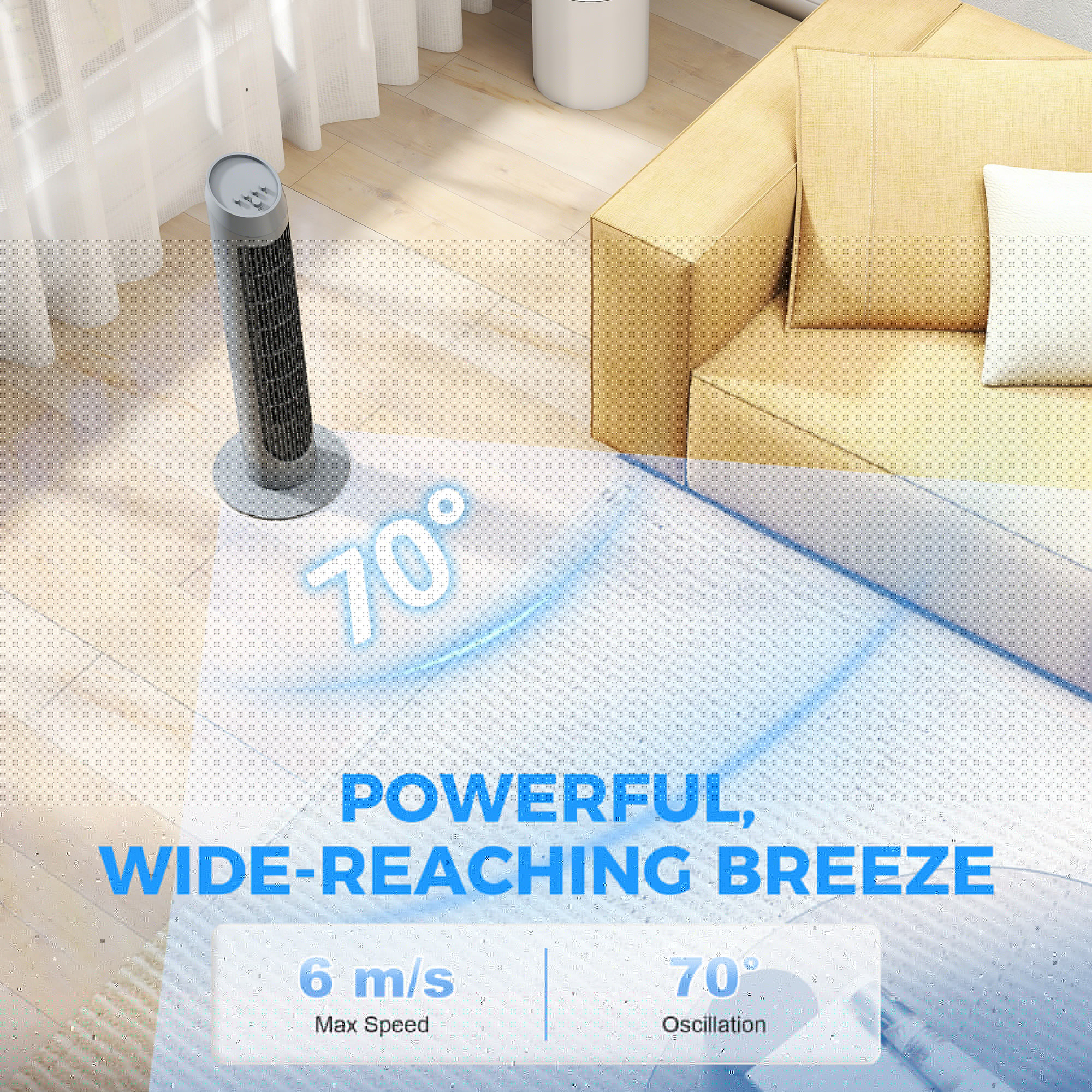 Tower Fan for Bedroom Cooling, 75cm Electric 70° Oscillating with 3 Speed Settings, Standing Floor Fan, Grey