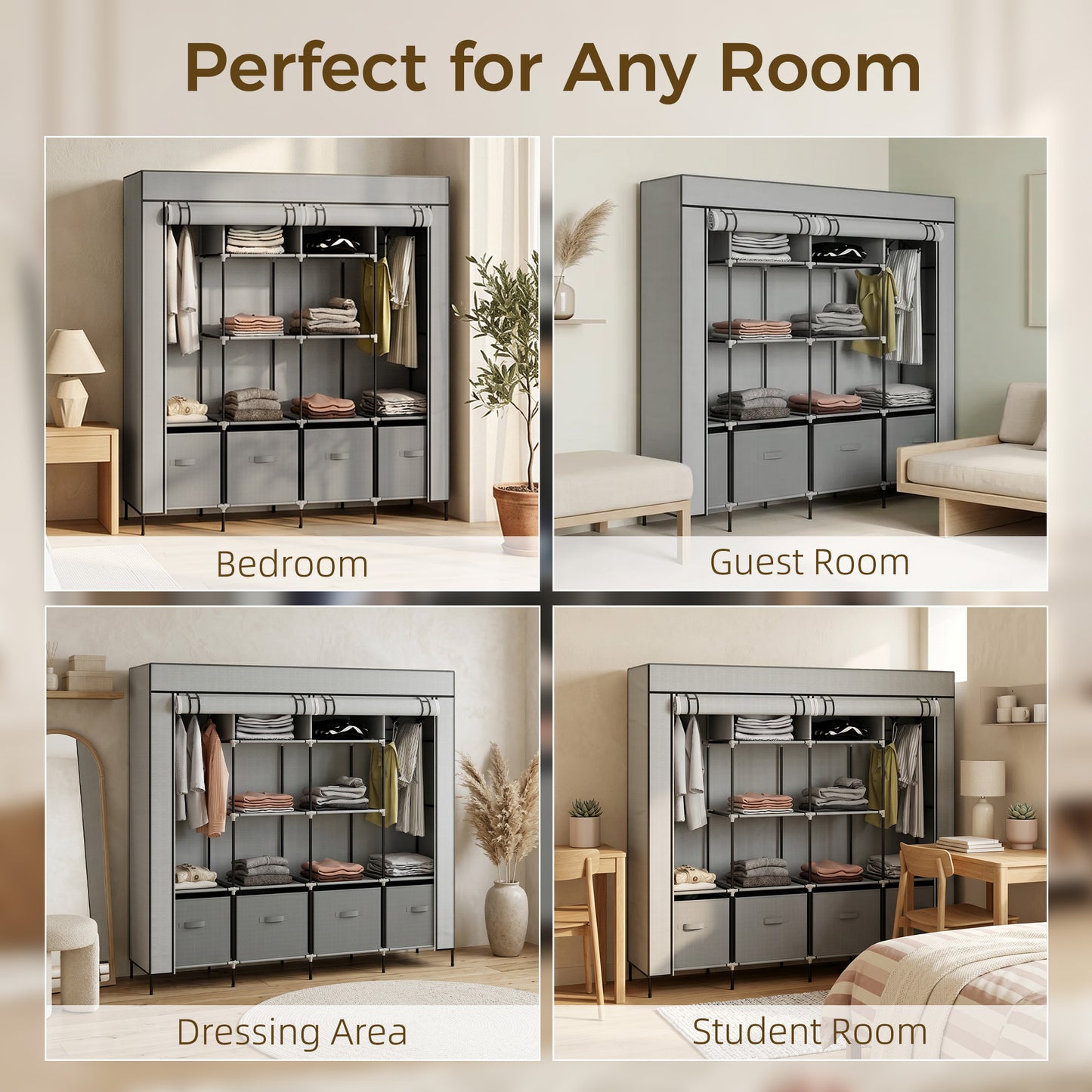 Fabric Wardrobe for Bedroom, Portable Cloth Wardrobe with 10 Compartments, 2 Hanging Rails and 4 Fabric Drawers, 166 x 42.5 x 169.5cm, Dark Grey