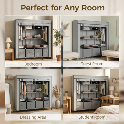 Fabric Wardrobe for Bedroom, Portable Cloth Wardrobe with 10 Compartments, 2 Hanging Rails and 4 Fabric Drawers, 166 x 42.5 x 169.5cm, Dark Grey