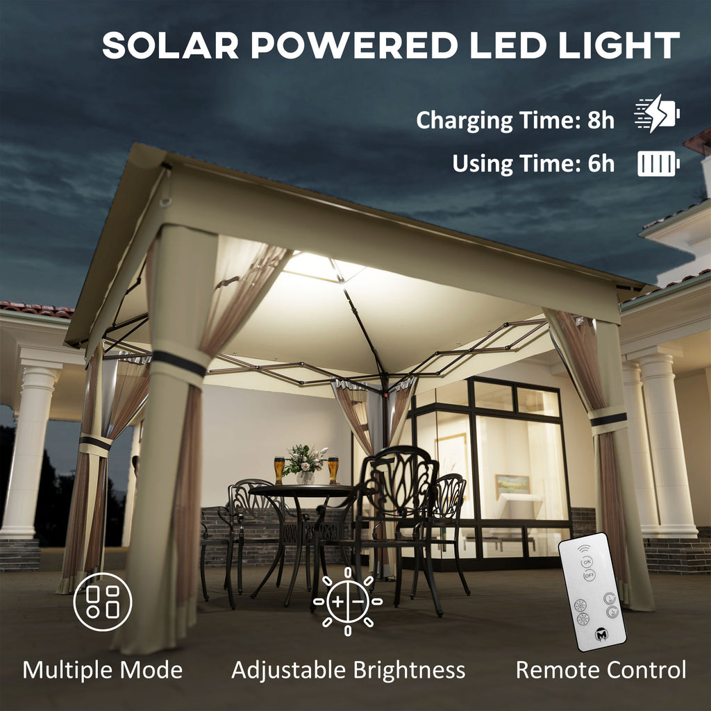 Outsunny 3.36 x 3.36m Pop Up Gazebo Party Tent with Solar-Powered LED Lights, Adjustable Event Shelter with Netting, Khaki