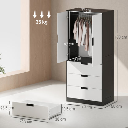 2 Door Wardrobe, Modern Wardrobe with 3 Drawers and Hanging Rod for Bedroom, Black