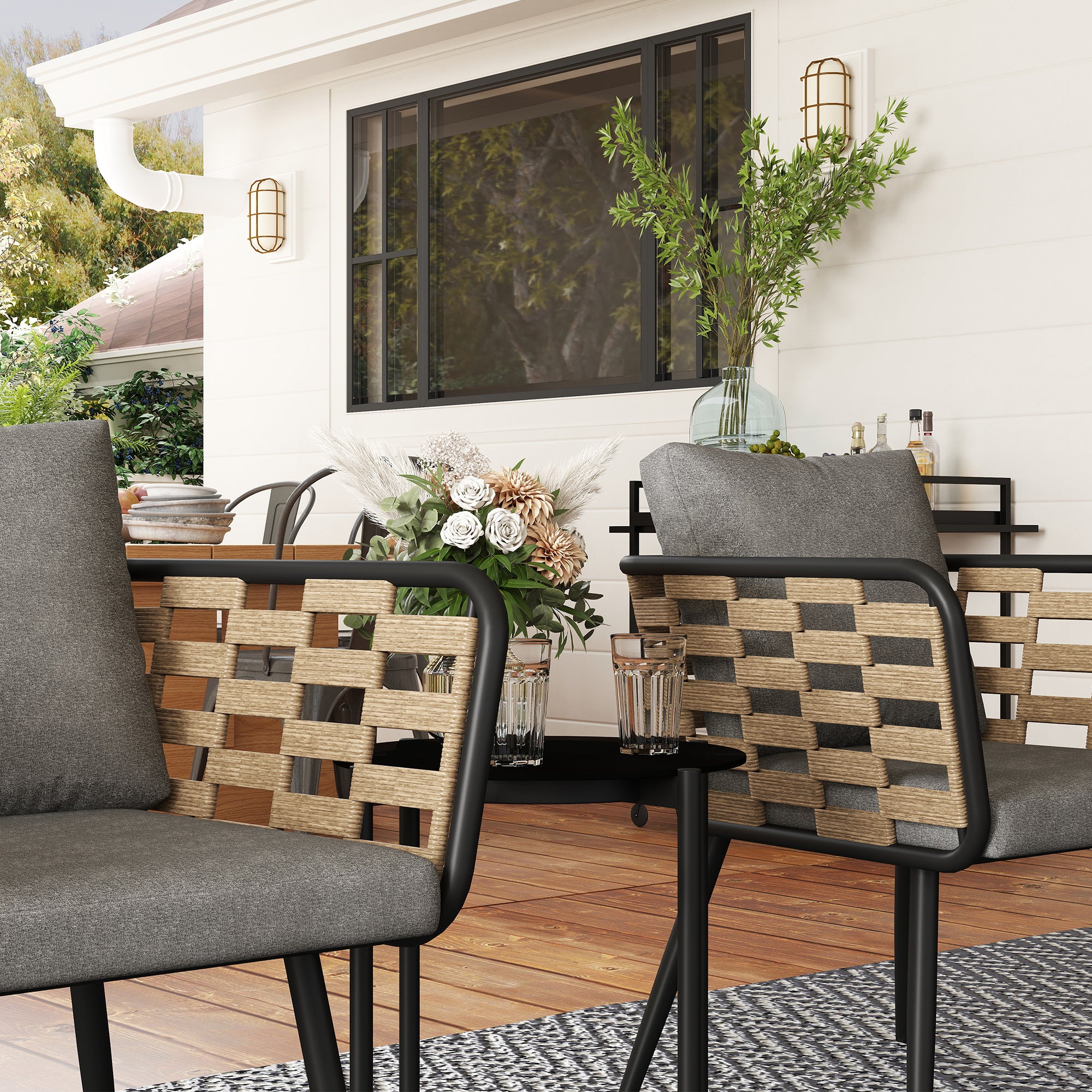 Outsunny 3 Pieces Rattan Bistro Set with Washable Seat and Back Cushions, Glass Top Coffee Table, for Outdoor, Patio, Black