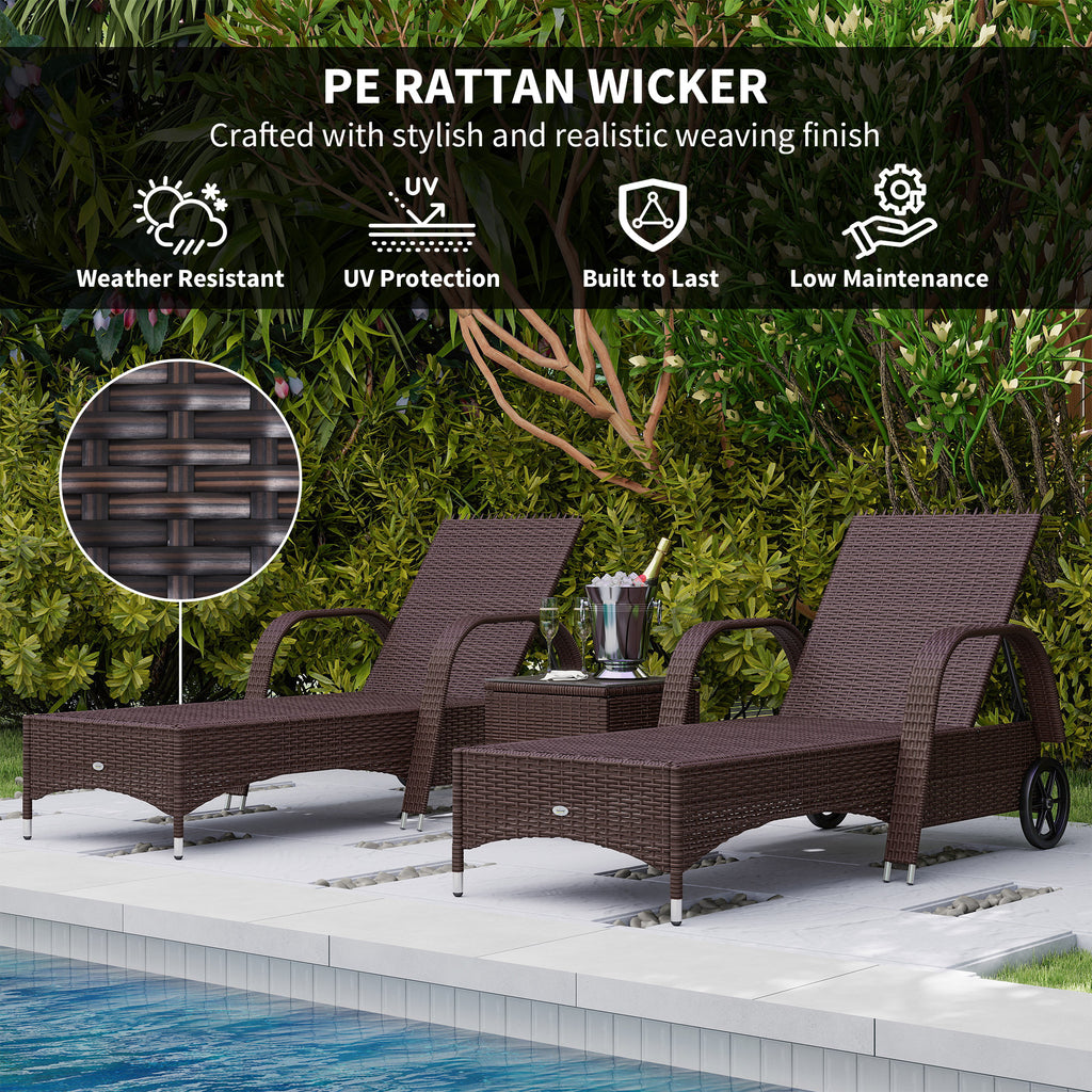 Outsunny Rattan Sun Loungers for Garden Set of 2 with Side Table, Garden Recliner Sunbeds with Adjustable Back, Wheels, Cushions and Headrest, 3 Pieces Garden Furniture Set for Outdoor, Patio, Brown