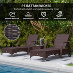 Outsunny Rattan Sun Loungers for Garden Set of 2 with Side Table, Garden Recliner Sunbeds with Adjustable Back, Wheels, Cushions and Headrest, 3 Pieces Garden Furniture Set for Outdoor, Patio, Brown