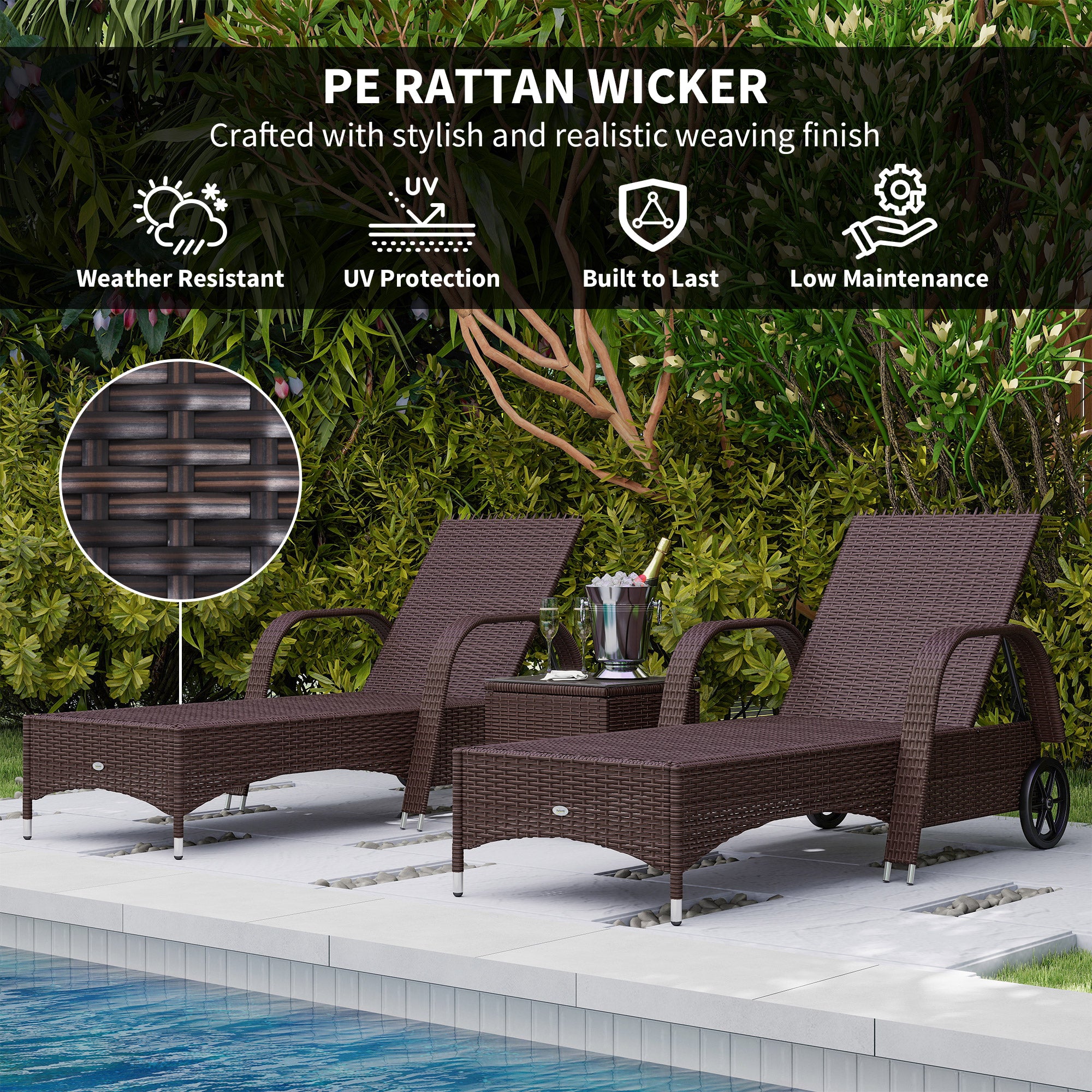 Outsunny Rattan Sun Loungers for Garden Set of 2 with Side Table, Garden Recliner Sunbeds with Adjustable Back, Wheels, Cushions and Headrest, 3 Pieces Garden Furniture Set for Outdoor, Patio, Brown
