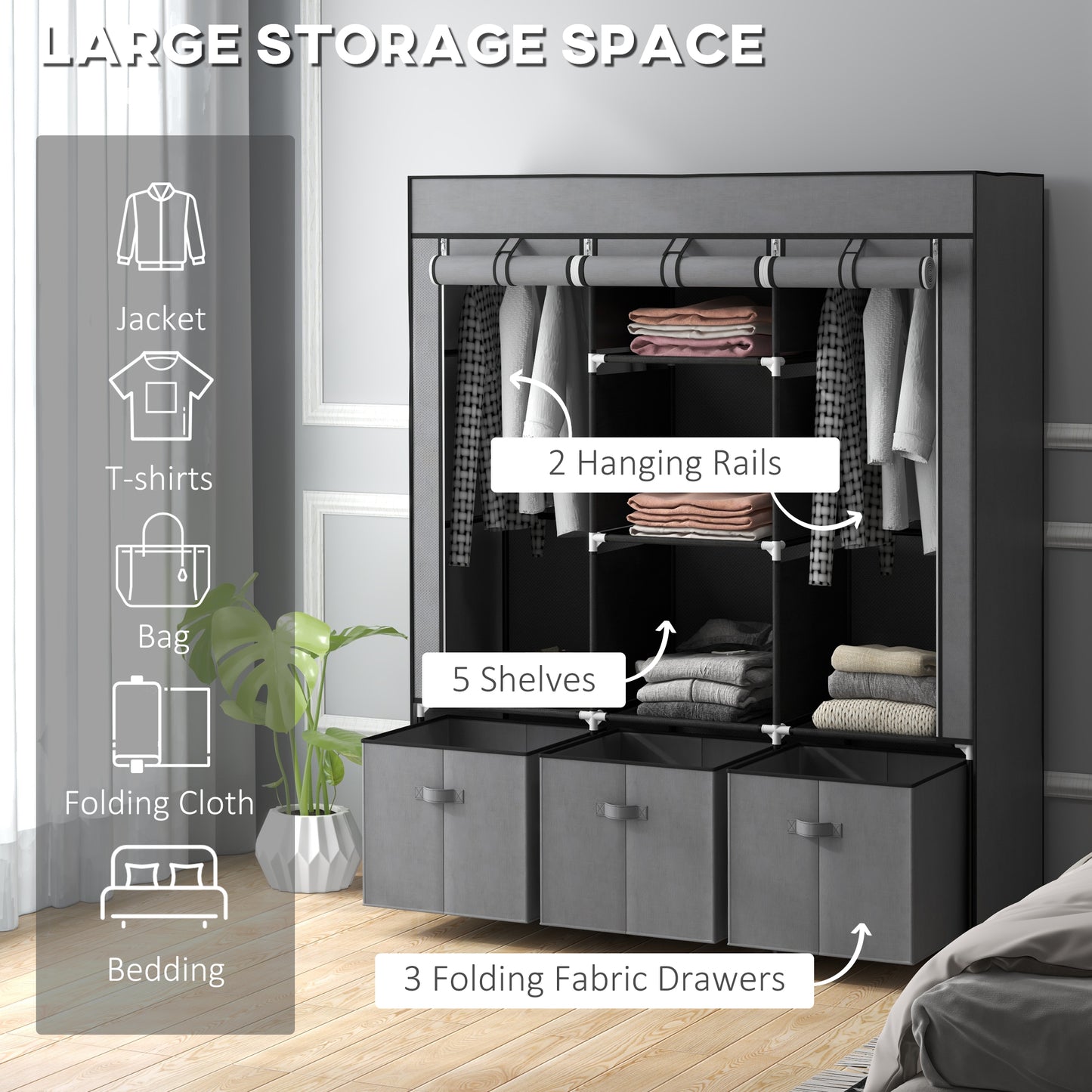 Foldable Fabric Wardrobe for Bedroom, Portable Wardrobe with 5 Shelves, 2 Hanging Rails and 3 Fabric Drawers, Dark Grey