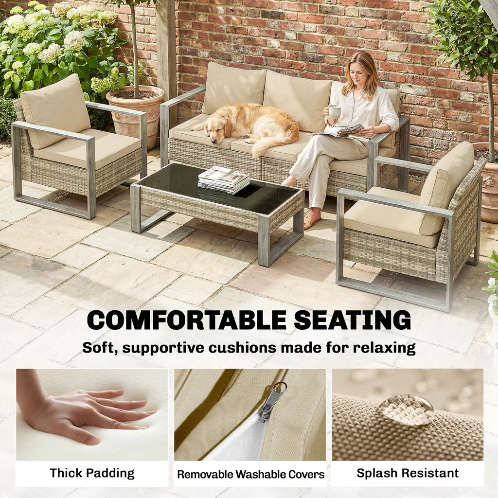 Outsunny Rattan Garden Set, 4 Piece Rattan Garden Furniture Set with 3-Seater Sofa, Armchairs, Table, Aluminium Frame Patio Furniture, Khaki