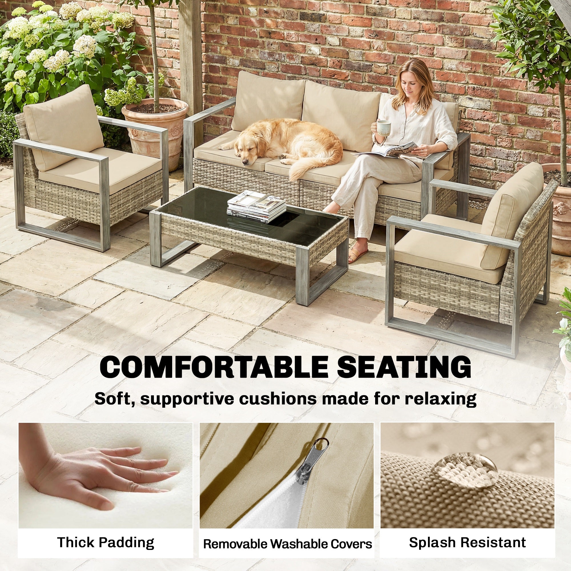 Outsunny Rattan Garden Set, 4 Piece Rattan Garden Furniture Set with 3-Seater Sofa, Armchairs, Table, Aluminium Frame Patio Furniture, Khaki