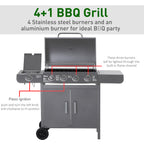 Outsunny 4+1 Burner Gas BBQ Grill, Outdoor Barbecue Trolley with Wheels, Warming Rack, Side Shelves, Cabinet, Thermometer for Garden, Party, Camping, 125L x 51W x 100Hcm, Grey