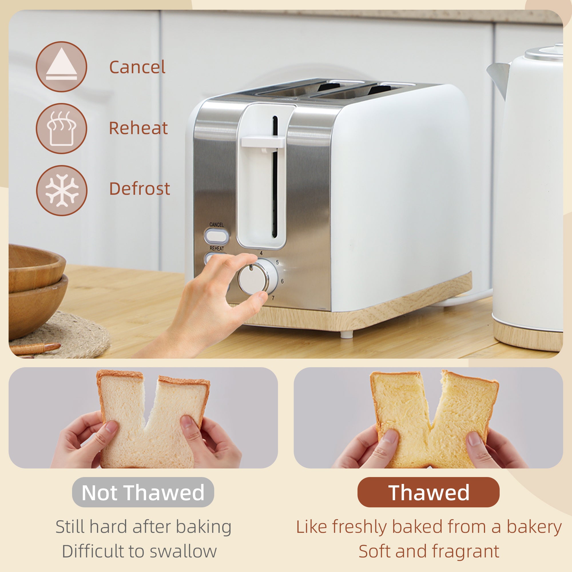 Stainless Steel Kettle and Toaster Set, 1.7L 3000W Fast Boil Kettle & 2 Slice Toaster Kitchen Set with 7 Level Browning Controls, Defrost, Reheat, Auto Off, Boil-dry Protection, White
