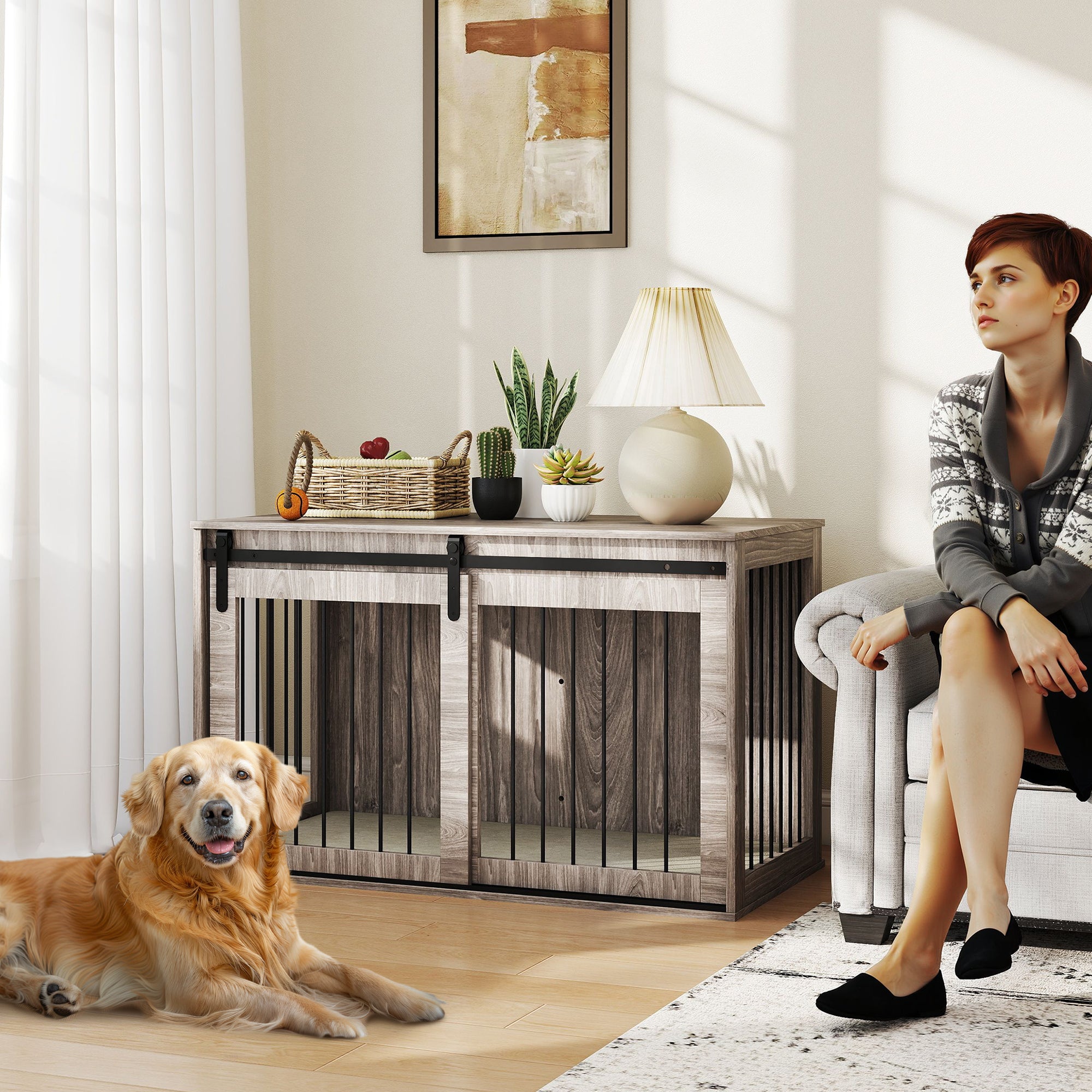 PawHut 46.46'' Dog Crate Furniture with Removable Cushion & Security Latch for Extra Large Dogs - Walnut Brown