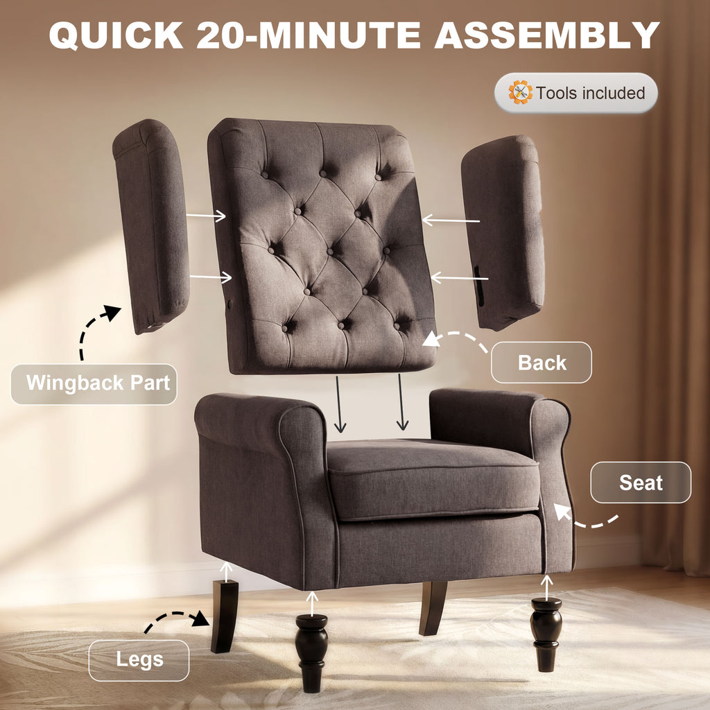 HOMCOM Wingback Accent Chair, Retro Upholstered Button Tufted Occasional Chair for Living Room and Bedroom, Brown