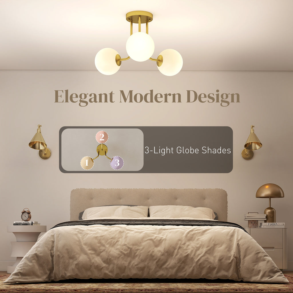 LED Ceiling Light with Globe Shades, Modern 3-Light Ceiling Light with G9 Sockets for Living Room, Bedroom, Dining Room, Bulbs Not Included, Gold Tone