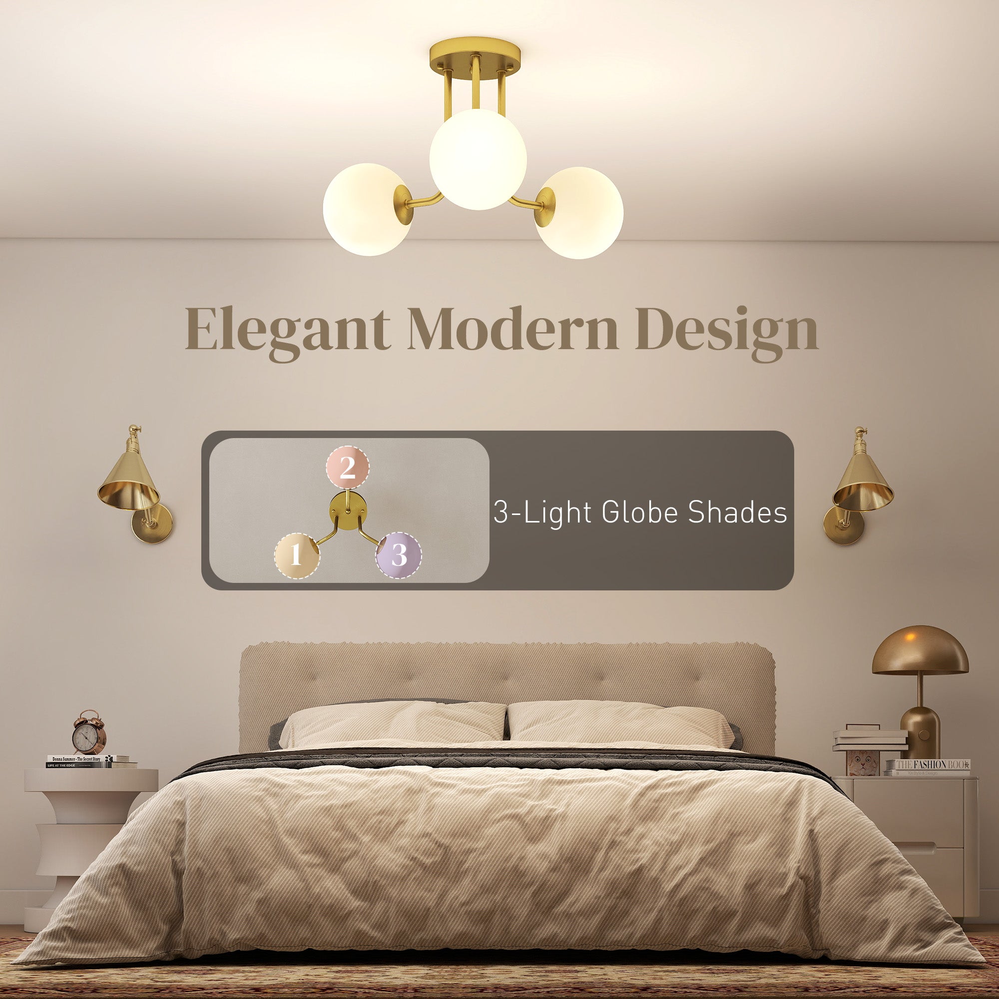 LED Ceiling Light with Globe Shades, Modern 3-Light Ceiling Light with G9 Sockets for Living Room, Bedroom, Dining Room, Bulbs Not Included, Gold Tone