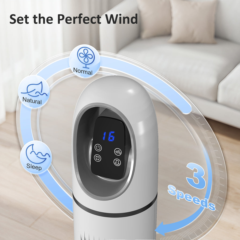 Tower Fan for Bedroom, Standing Floor Fan with Oscillating, 3 Modes, 3 Speeds, 24 Hour Timer, White