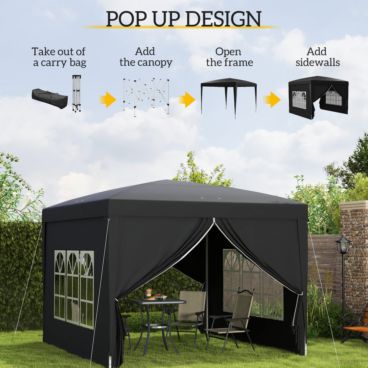 Outsunny 3 x 3 m Garden Pop Up Gazebo, Wedding Party Tent Marquee, Water Resistant Awning Canopy with Sidewalls, Windows, Carry Bag, Black