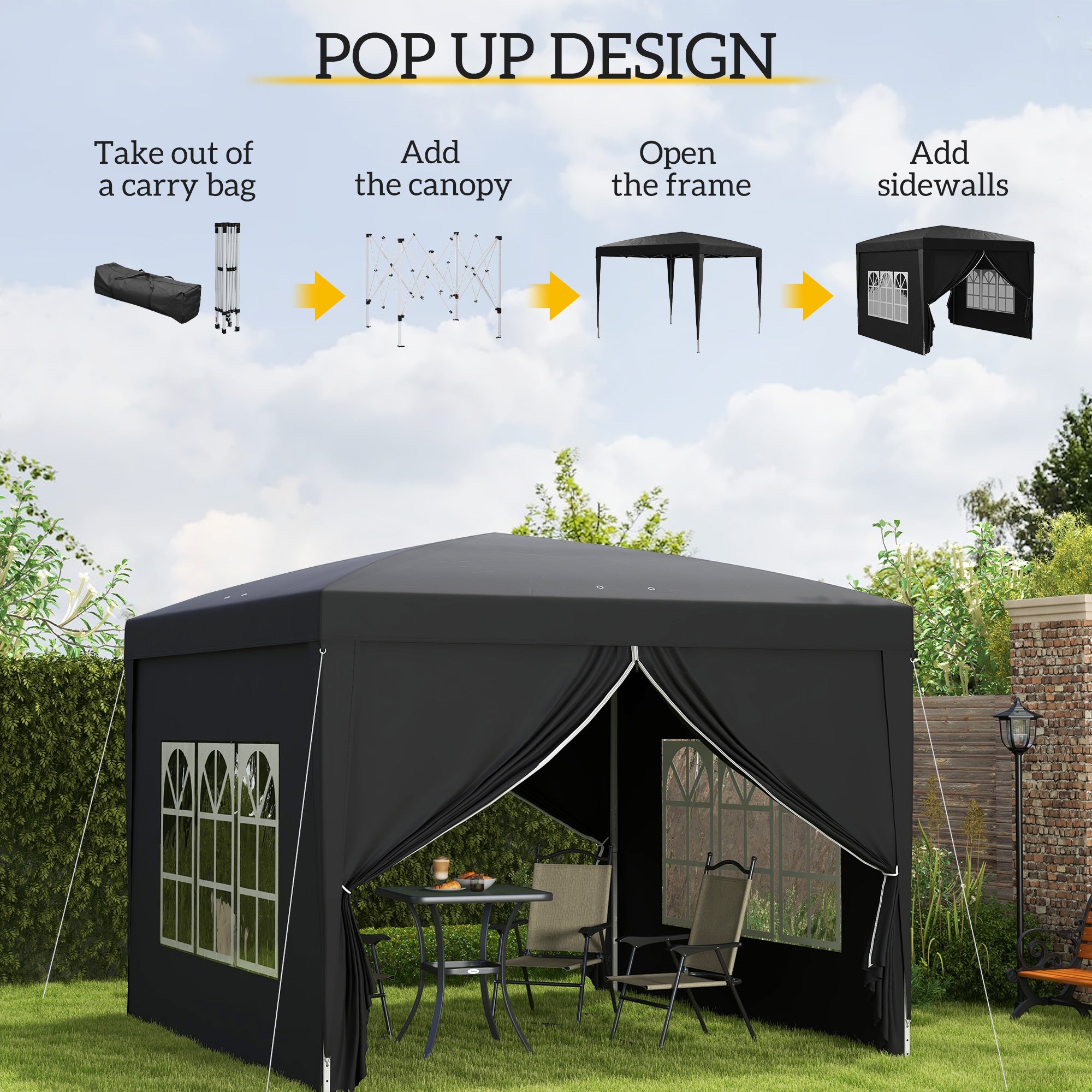 Outsunny 3 x 3 m Garden Pop Up Gazebo, Wedding Party Tent Marquee, Water Resistant Awning Canopy with Sidewalls, Windows, Carry Bag, Black